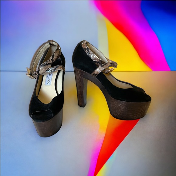 JIMMY CHOO NEW platform heels shoes SUEDE SNAKE SKIN OPEN TOE 39-9 - Picture 1 of 7